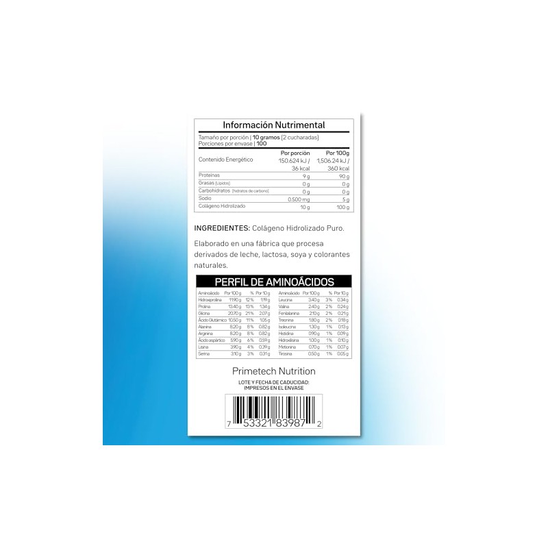 Primetech Nutrition Péptidos Colágeno Hidrolizado En Polvo Puro 1 Kg