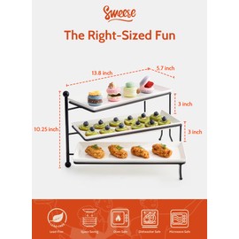 Sweese 3 Tiered Serving Stand, Foldable Rectangular Food Display Stand with White Porcelain Platters - Serving Trays, Dessert Display Server for Brithday Party, Valentine's Day and Events