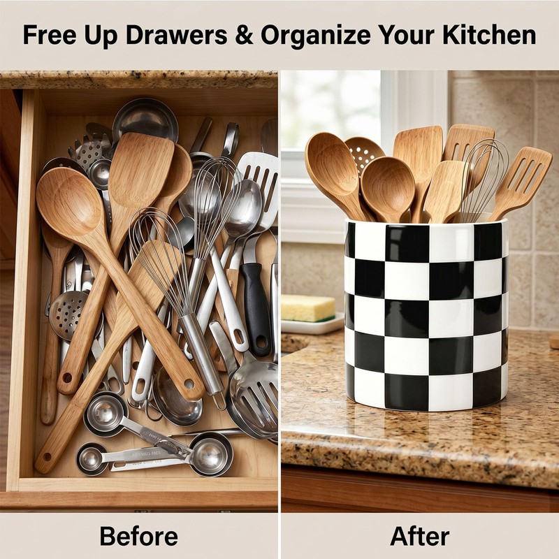 SWIND Checkered Ceramic Kitchen Utensil Holder Cooking Utensil Crock