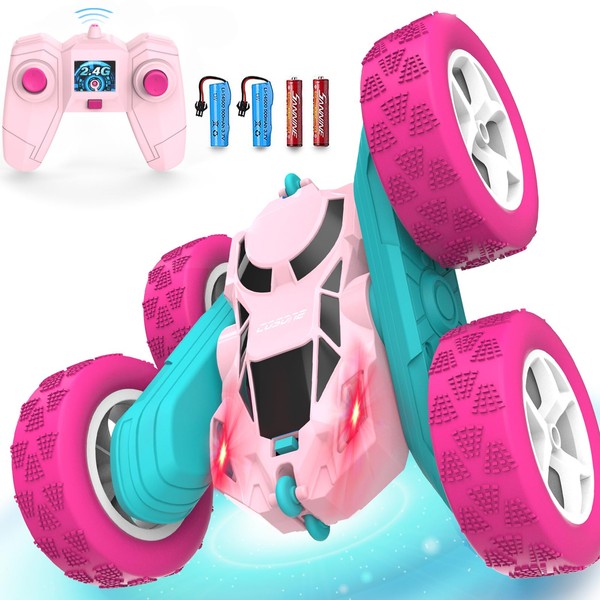 cosone Pink Remote Control Car for Girls - RC Stunt Cars with 4WD Double-Sided Driving 360° Flips Rotating, Off Road Remote Car Outdoor Toys for Kids Age 6 7 8-12, Christmas Birthday Gifts