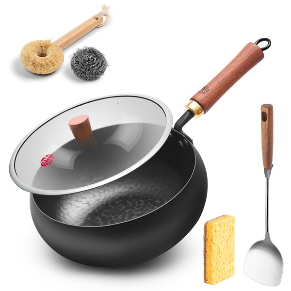 WANGYUANJI 9.5-Inch Iron Wok Pan with Lid & Spatula, Deep