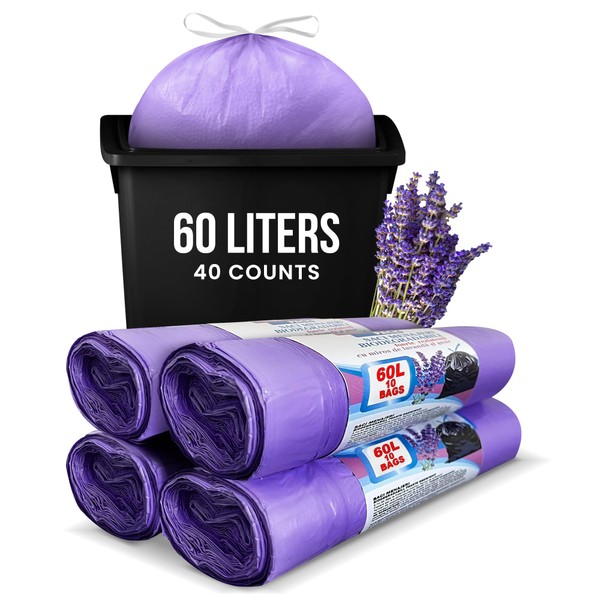 Lavender Scented 4 Rolls 60L Litre, Counts 40 Bin Bags