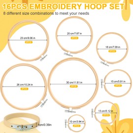 AOBOPLE 16 Pcs 8 Sizes Round Bamboo Embroidery Hoop Adjustable Cross Stitch Hoops Wooden Embroidery Rings for DIY Art Hand Embroidery Sewing Cross Stitch(3,4,5,6,7,8,10,12 inch)