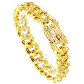 Cuban Link Chain for Men Miami Cuban Necklace with Buckle Clasp Bling Bling CZ Diamond 18K Gold Chain Link Bracelets Necklaces Hip Hop Jewelry(14MM, 10")