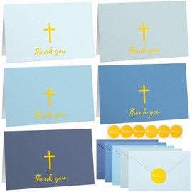 Resurhang 30 Pack Baptism Thank You Cards with Envelope and Stickers 4 x 6 Inch Gold Foil Embossed Cross Blank Inside Cards Bulk for Baptism Funeral Baby Shower Party Supplies(Blue)