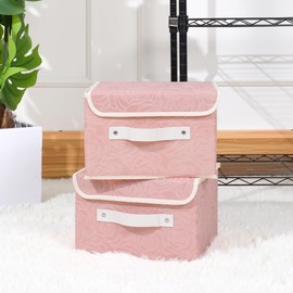 ANMINY 4PCS Fabric Storage Bin with Lid Rose Print Storage Box Basket with PU Leather Handles Washable PP Plastic Board Decorative Foldable Lidded Shelf Cubes Closet Organizer - Pink, Small Size