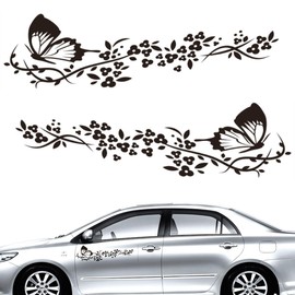 NIYATA 2 Pieces Car Stickers, Butterflies and Flowers Tuning Stickers for Bonnet, Motorcycle, Rollboards, Suitcase, Walls (Black)