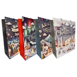 Bolsas de Regalo Navideñas Medianas | Set de 4 Bolsas con Diseño de Pueblos Invernales con Detalles Dorados y Mensaje “Merry Christmas & Happy New Year” | Medidas 32 × 26 × 10 cm | Bolsas Premium Resistentes y Reutilizables (Blanco, Negro, Rojo, Verde, P