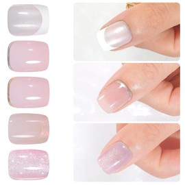 Jofay Fashion Chrome French Tip Press on Nails Short, Salon-Like Acrylic Fake Nails with Mermaid Pearl Chrome Gold Foil End Designs, Glossy & Natural short nails press on