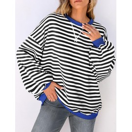 UEU Women Oversized Striped Sweatshirts Loose Fitting Pullover Y2K Tops Long Sleeve Crewneck Sweatshirt Black Striped Small