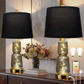Galental Glass Table Lamp Set of 2 with USB A+C Ports, Dual Light Sources with Nightstand Lamp Black, 3-Color Temperature Adjustable Bedside Lamps, 26" Textured Gold Lamps for Bedroom, Home Office