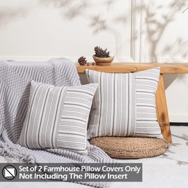 CARRIE HOME Modern Farmhouse Decor Grey Neutral Pillow Covers 18x18 Set of 2 Gray Linen Striped Patchwork Decorative Throw Pillows 18 x 18 for Living Room Couch and Sofa