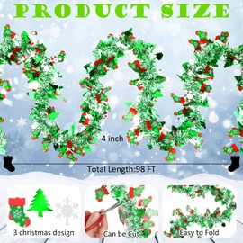 XunYee 98 ft Christmas Tree Snowflakes Tinsel Garland Decorations Red Green Metallic Twist Garland Holiday Shiny Wire Ornament for Xmas Festival Home Mantle Fireplace Indoor Outdoor Party Decor