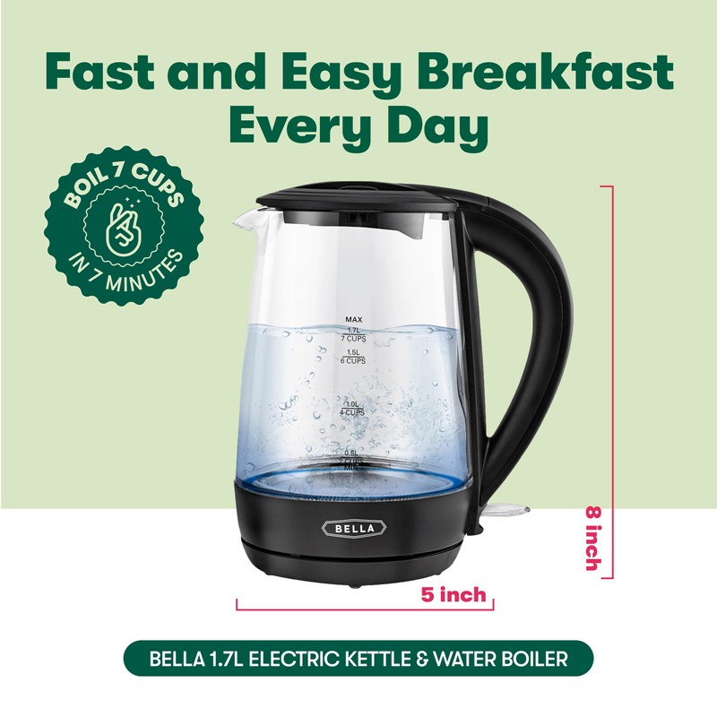 bella 1.7 Liter Glass Electric Kettle, Quickly Boil 7 Cups