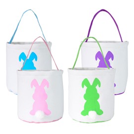 IHCEMIH 4 Pack Easter Bunny Bags, Easter Baskets Rabbit Canvas Tote Bags for Kids Eggs Hunting Party Candy Gifts Carry Bucket