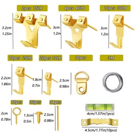 162Pcs Heavy Duty Picture Hooks for Hard Walls-Picture Hanging Kit with Wire,Sawtooth, D-Ring, Nails with Screws for Mirrors, Picture Frames ,Decor & Paintings (Gold)