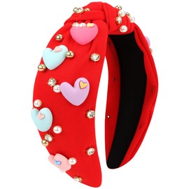 VELSCRUN Valentine Day Headband Heart Headband Wide Top Knot Valentines Headbands for Women Girls Thick Thin Hair Sweetheart Knotted Head Band Jeweled Hair Band Hair Accessories 03