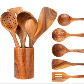Premium Teak Healthy Spoons, Durable Eco-friendly Spatula, Wooden Utensils for Cooking set with Holder & Canvas Bag, Wooden Cooking Utensils, Cooking Gifts for Mom,6-Piece Wooden Spoons for Cooking