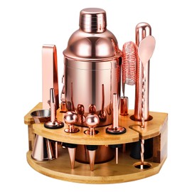 Cocktail Shaker Set Bartender Kit with Stand, 12 Piece Bar Set Drink Mixer Set with Stainless Steel Bar Accessories Tools: 25oz Martini Shaker Jigger Strainer Spoon Muddler for Cocktails (Rose Gold)