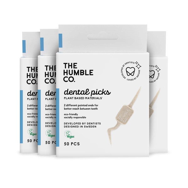 The Humble Co. Natural Dental Pick - Vegan, Eco Friendly, Sustainable Dental Toothpicks and Zero Waste Plaque Remover, Plant Based Dental Picks for Teeth (4 Pack)