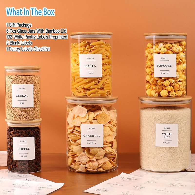 6-Pack Borosilicate Glass Storage Jars with Bamboo Lids + 132