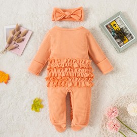 Beauace Newborn Baby Girl Footies Romper Long Sleeves Baby Grows Waffle Knit Zipper Ruffle One Piece Outfit Coming Home Clothes with Headband (Orange, 3-6 Months)