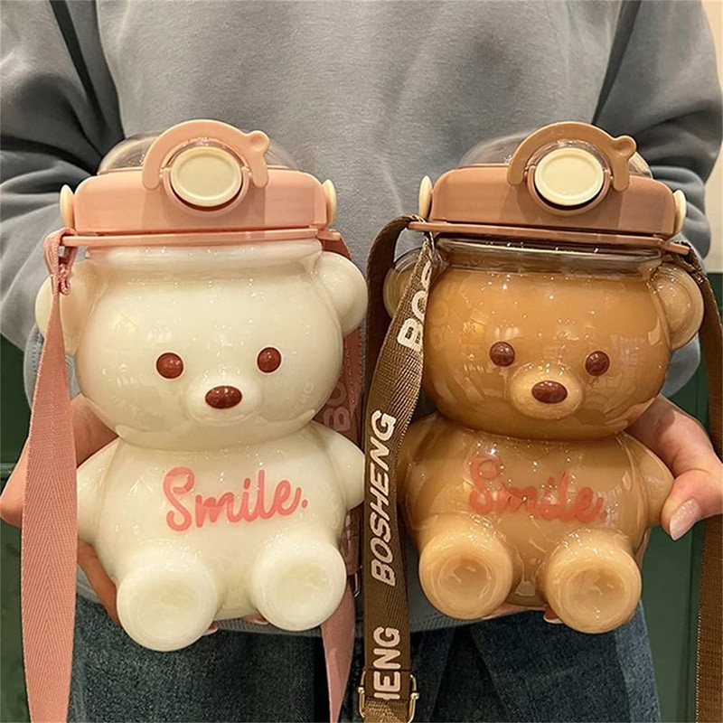 Kawaii Bear Girls Portable Water Bottle with Straw and Adjustable