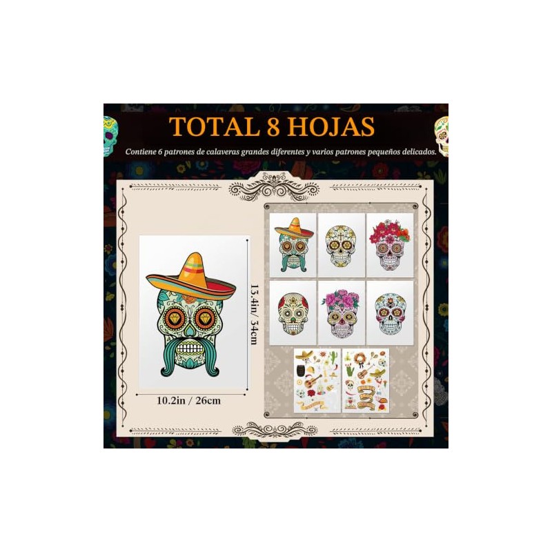 Yerliker 8 hojas Dia De Los Muertos Decoraciones, calcomanías para