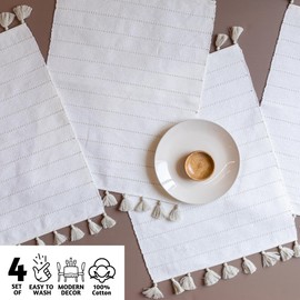 Folkulture Woven Placemats Set of 4, 14 x19 Inches Spring Table mats for Farmhouse Dining Table Décor, 100% Cotton Boho Place Mat with Tassels for Rustic Wedding or Bohemiam Decor, Oatmeal