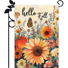 Hello Fall Garden Flag 12x18 Double Sided Burlap, Seasonal Floral Autumn Garden Flags Outdoor Fall Decorations for Porch, Small Decorative Fall Flags Yard Decorations for Outside Garden Decor