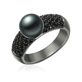 Valero Pearls Women's Pearl Ring Made of Blackened 925 Sterling Silver with Freshwater Cultured Pearl Peacock Blue 8-9 mm Button Shape Zirconia Black, Sterling Silver, Cubic Zirconia