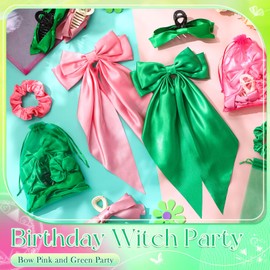 Yuxung 48 Pcs Pink and Green Party Favors Coquette Bow Hair Accessories for Women Satin Hair Bows with Oversized Long Tail Claw Clips and Scrunchies Organza Gift Bag for Birthday Witch Party