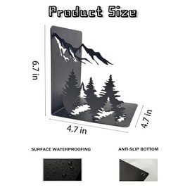 Matte Black Iron Heavy Duty Bookends - Laser-Engraved Mountain Design, Decorative Shelf Stoppers for Books, Space-Saving Desk Organizer (Modern, Rustic, Vintage Style)