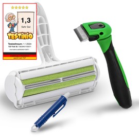 FinoPet 3er Set Hundebürste, Katzenbürste, XL Fusselrolle und Zeckenzange im Aktionsset, Kurz- und Langhaar Bürste für alle Tiergrößen, Tierhaarentferner, Automatische Zeckenentfernung