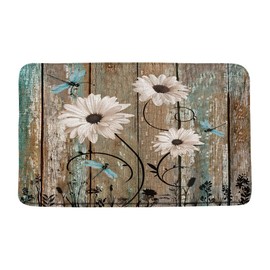 QWRSMYX Rustic Floral Bath Mat Daisy Flower Dragonfly Old Barn Wooden Plank Garage Door Farmhouse American Country Farm Style Non-Slip Home Bathroom Kitchen Rugs 17.8x29.5 Inch