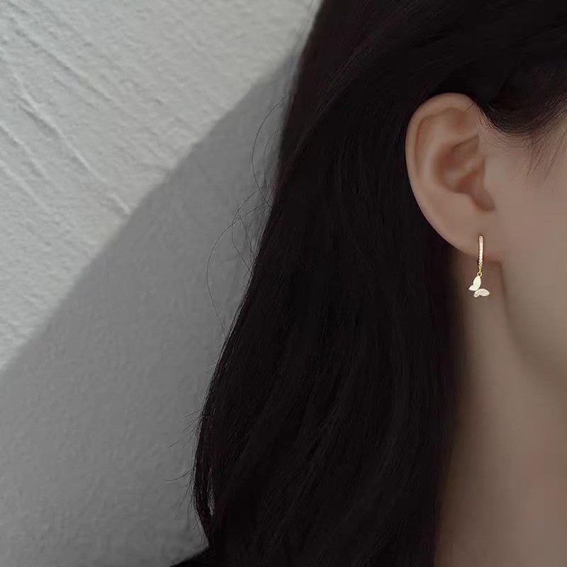 Cute Butterfly Small CZ Cartilage Cuff Hoop Earrings With Tiny