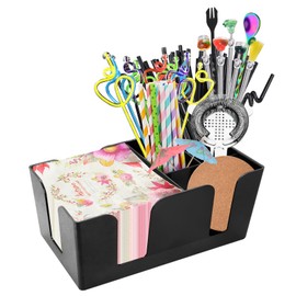 REUJIHXY Bar Caddy with 6 Compartments, Plastic Bar Organizer, Heavy Duty Refillable Bar Organizer, Barware Caddy, Napkin Dispenser, Straw Organizer