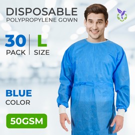 AMZ Medical Supply Blue Disposable Isolation Gown, Large. Pack of 30 Polypropylene PPE Gowns, 50 GSM. Breathable Personal Protective Equipment Gown. Durable Medical Isolation Gowns with Knit Cuffs