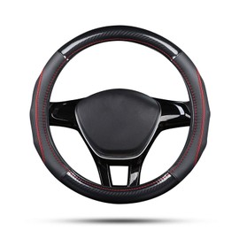 Ergocar Sport Carbon Fiber & First Layer Cowhide Car Steering Wheel Cover Non-Slip Car Steering Wheel Protector Universal for Diameter 38cm(15") (Black-red)