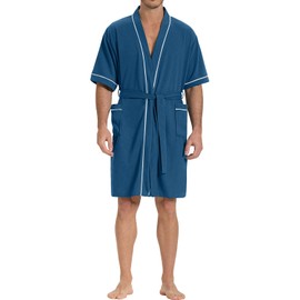 SIORO Waffle Knit Robe for Men, Short Lightweight Bathrobe with Kimono & Pockets, Short-Sleeves Summer Loungewear for Spa