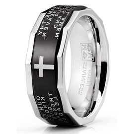 Bonndorf Two Tone Stainless Steel Ring with Lords Prayer and Cross Design Size 8.5