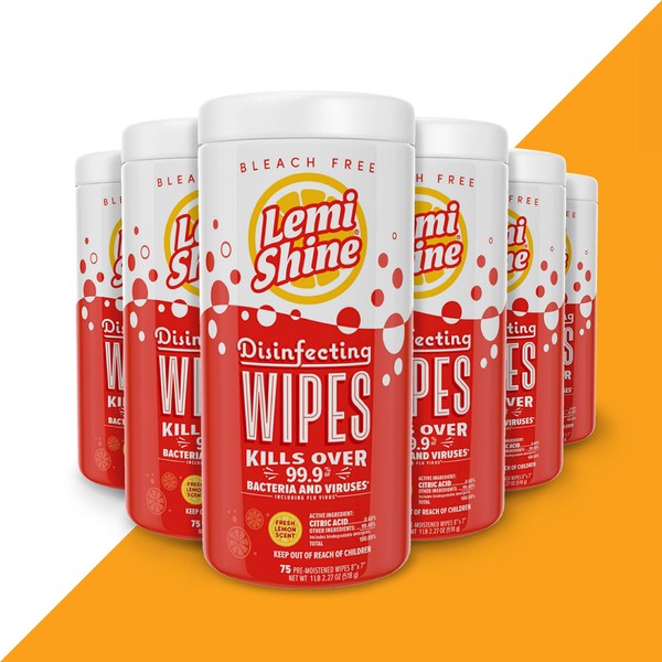 Lemi Shine Disinfecting Wipes | Kills Over 99.9% of Bacteria & Viruses | Effective Against SARS CoV-2 (COVID-19), 450 Cleaning Wipes (6 Pack, 75 Wipes Each)