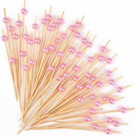 200PCS Cocktail Picks, Pink Pearl Decorative Toothpicks for Appetizers Drinks Fruit Food, 4.7 Inch Long Fancy Bamboo Skewers Wooden Charcuterie Sticks for Wedding Decor Party Supplies Bridal Shower