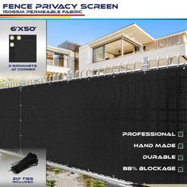 Windscreen4less Heavy Duty Privacy Screen Fence for Chain Link Fence Solid Black 6' x 50' Brass Grommets 150 GSM Zip Ties Included - Customized