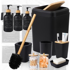 XLHOMO Black and Wood Bathroom Accessories Set 19Pcs, Bathroom Set with Trash Can and Toilet Brush, 3PCS Drill Free 17oz Soap Dispenser Wall Mounted, Toothbrush Holder and Cup, Soap Dish, Qtip Holder
