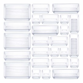 25 PCS Clear Plastic Drawer Organizers Set, 4-Size Versatile Bathroom and Vanity Drawer Organizer Trays, Storage Bins for Makeup, Bedroom, Kitchen Gadgets Utensils and Office Accessories