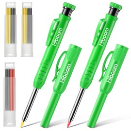 Hiboom 2 Pack Solid Carpenter Pencils with Pencil Cap and 18 Refills, Long Nose Deep Hole Mechanical Pencil Marker, Scribe Tool with Built-in Sharpener for Construction Woodworking Architect (Green)