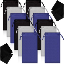 Frienda 12 Pcs Microfiber Sunglasses Pouch Soft Glasses Case Bags Eyeglasses Sleeve with 2 Cleaning Cloth and Drawstring(Black, Gray and Blue)