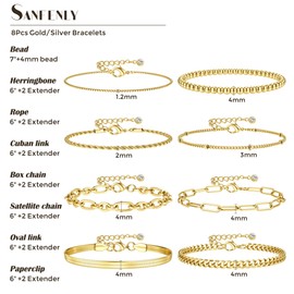 Sanfenly 8Pcs Gold Bracelets For Women, 14K Real Gold Plated Dainty Trendy Stackable Stacking Bracelets Chain Charm Link Paperclip Beaded Bracelet Stainless Steel Stretch Layered Women's Bracelet Sets
