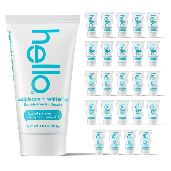 Hello Antiplaque and Whitening Fluoride Free Travel Toothpaste, 1 Ounce (Pack of 24), Natural Peppermint with Tea Tree and Coconut Oil, Vegan, SLS Free, Gluten Free and Peroxide Free
